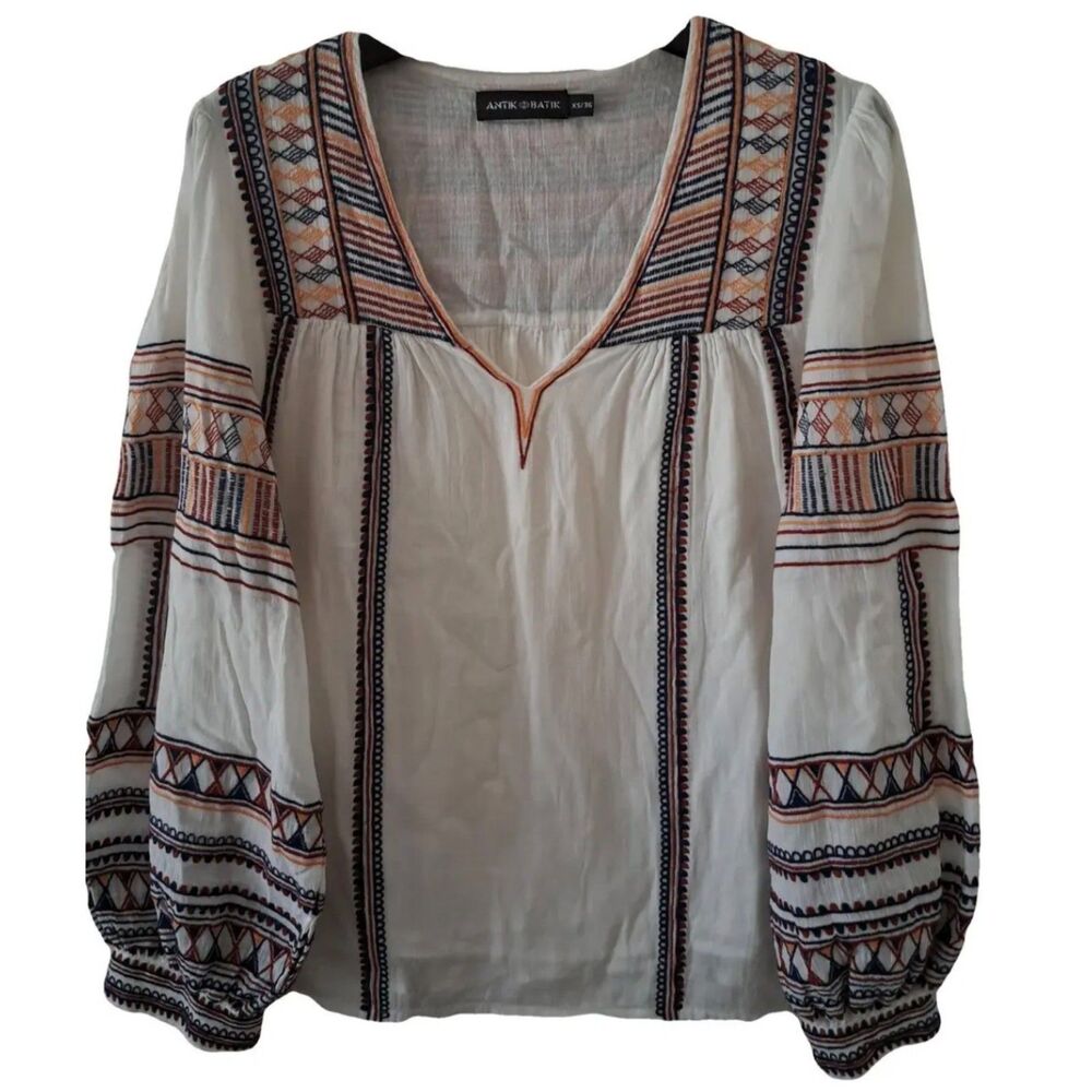 Antik Batik Dakota Embroidered Cotton Peasant Blouse Ivory Boho L/42 EUC
